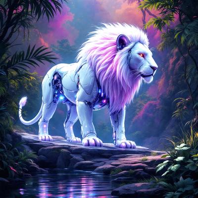 Primary subject: A lion with purple and white fur, standing on rocks.

Setting/background: The lion is standing on rocks in a forest, with a body of water nearby.

Visual style: The image is a digital art or illustration.

Colors and mood: The lion has purple and white fur, and the overall atmosphere is serene and natural.